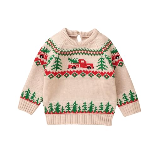 L&ieserram Baby Jungen Mädchen Weihnachten Gestrickt Pullover Jumper Weihnachtspullover Neugeborenen Kinder Langarm Strickpullover Pulli Kleinkinder Kleidung Outfit (LKW - Beige, 12-18 Monate) von L&ieserram