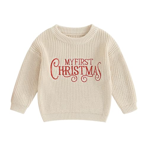 L&ieserram Baby Jungen Mädchen Weihnachtspullover Weihnachten Gestrickt Pullover Jumper Neugeborenen Langarm Strickpullover Pulli Kleinkinder Kleidung Outfit (My First Christmas - Beige, 6-9 Monate) von L&ieserram