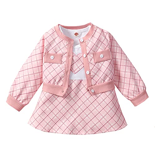 L&ieserram Baby Kleidung Mädchen 2-Teilige Kleinkind Babykleidung Kleid Set Casual Kleid Plaid Blumen Druck Rundhals Jacke Neugeborene Baby Geschenk Babysuit (Pink, 18-24 Monate) von L&ieserram