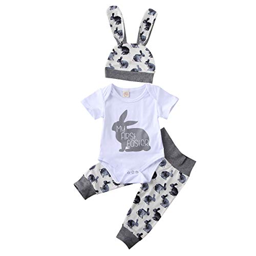 L&ieserram Baby Kleidung Mädchen Jungen Ostern Outfits Babykleidung Set Niedlich Ostern Hasen Druck Kurzarm Strampler Hose Stirnband/Hut Mein Erster Ostern Baby Geschenk (Grau Hasenohr, 6-12 Monate) von L&ieserram