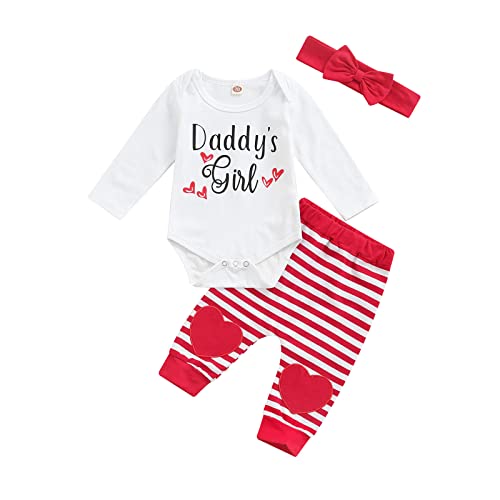 L&ieserram Baby Kleidung Mädchen Jungen Valentinstage Outfits Kleinkind Babykleidung Set Niedlich Herzchen Druck Strampler Pullover Hose Schleifen Stirnband Baby Geschenk (Daddys Girl, 0-3 Monate) von L&ieserram