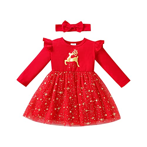 L&ieserram Baby Kleidung Mädchen Weihnachten Outfits Kleinkind Babykleidung Set Weihnachtsoutfit Festlich Kleid Weihnachtskleid Santa Outfit Baby Weihnachten Geschenk (Golden Rentier, 0-6 Monate) von L&ieserram