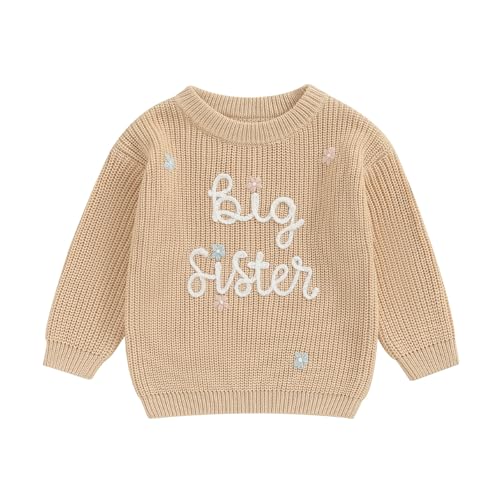 L&ieserram Baby Mädchen Gestrickt Pullover Jumper Neugeborenen Kinder Langarm Strickpullover Pulli Kleinkinder Kleidung Outfit Knitted Sweater (A Big Sister - Khaki, 3-4 Jahre) von L&ieserram
