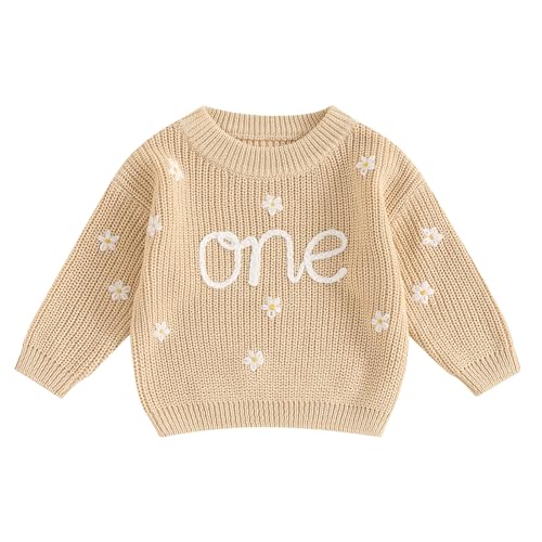 L&ieserram Baby Mädchen Jungen 1. Geburtstag Gestrickt Pullover Jumper Langarm Strickpullover Pulli Kleinkinder Kleidung Outfit Knitted Sweater 1 Jahr (Gänseblümchen - Khaki, 12-18 Months) von L&ieserram