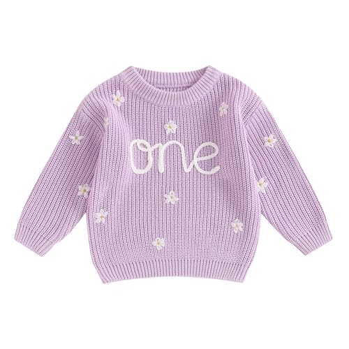 L&ieserram Baby Mädchen Jungen 1. Geburtstag Gestrickt Pullover Jumper Langarm Strickpullover Pulli Kleinkinder Kleidung Outfit Knitted Sweater 1 Jahr (Gänseblümchen - Lila, 9-12 Months) von L&ieserram