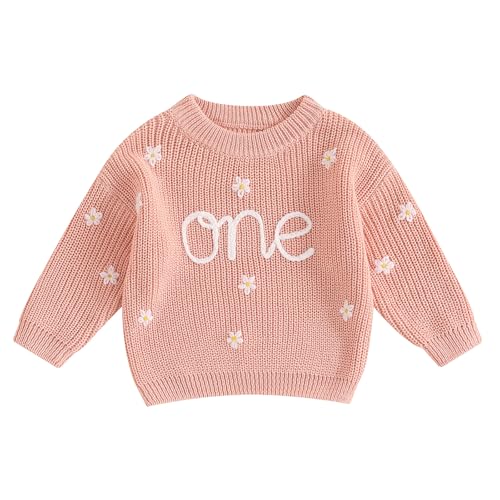 L&ieserram Baby Mädchen Jungen 1. Geburtstag Gestrickt Pullover Jumper Langarm Strickpullover Pulli Kleinkinder Kleidung Outfit Knitted Sweater 1 Jahr (Gänseblümchen - Pink, 9-12 Months) von L&ieserram