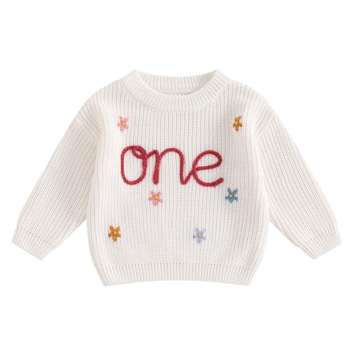 L&ieserram Baby Mädchen Jungen 1. Geburtstag Gestrickt Pullover Jumper Langarm Strickpullover Pulli Kleinkinder Kleidung Outfit Knitted Sweater 1 Jahr (Gänseblümchen - Weiß, 9-12 Months) von L&ieserram