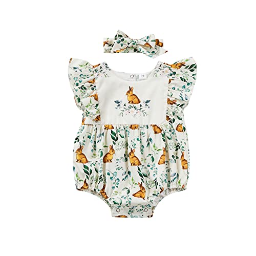 L&ieserram Baby Mädchen Ostern Outfits Baby Kleidung Niedlich Hasen Stil Babykleidung Strampler Body mit Hasen Druck Stirnband Set Bodysuit Mein erster Ostern Baby Geschenk (Grün Blatt, 3-6 Monate) von L&ieserram