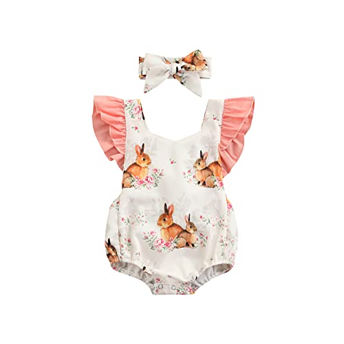 L&ieserram Baby Mädchen Ostern Outfits Baby Kleidung Niedlich Hasen Stil Babykleidung Strampler Body mit Hasen Druck Stirnband Set Bodysuit Mein erster Ostern Baby Geschenk (Zwei Hasen, 18-24 Monate) von L&ieserram