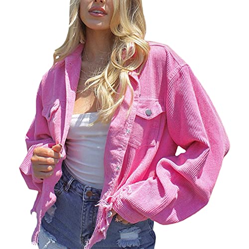 L&ieserram Cordhemd Jacke Damen Übergangsjacke Oversized Cord Hemdjacke mit Knöpfen Taschen Kurz Herbst Flanell Hemd Jacke 90er Y2K Fashion Boyfriend Blusenjacke (C Pink, L) von L&ieserram