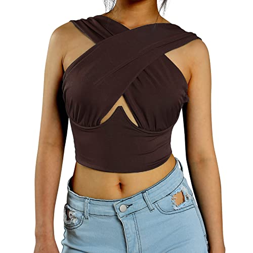 L&ieserram Damen Bauchfreie Oberteile Sommer Sexy Schulterfrei Tshirt V Ausschnitt Crisscross Cut Out Neckholder Crop Top Ärmellos Tank Top Vintage 70er Y2K Fashion E-Girl Top (Braun, S) von L&ieserram