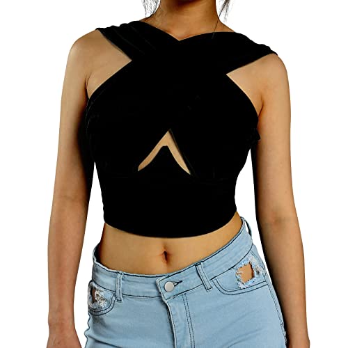 L&ieserram Damen Crisscross Crop Top Neckholder Sexy Korsett Oberteil Bauchfrei Aesthetic Fashion Sommer Corset Top Party Oberteile (01 Schwarz, XXL) von L&ieserram