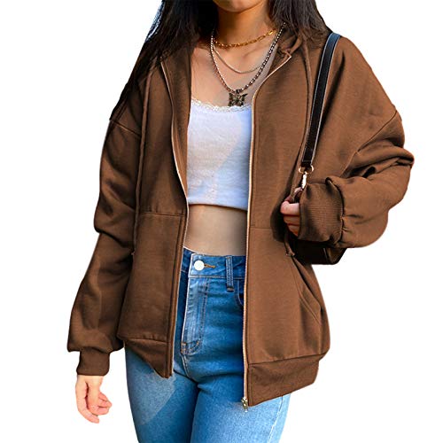 L&ieserram Damen Hoodie Jacke Oversize Vintage Reißverschluss Kapuzenjacke Zip Up Kapuzenpullover Sweatshirt mit Kapuze 90er Y2K E-Girl Übergangsjacke (A Braun, L) von L&ieserram