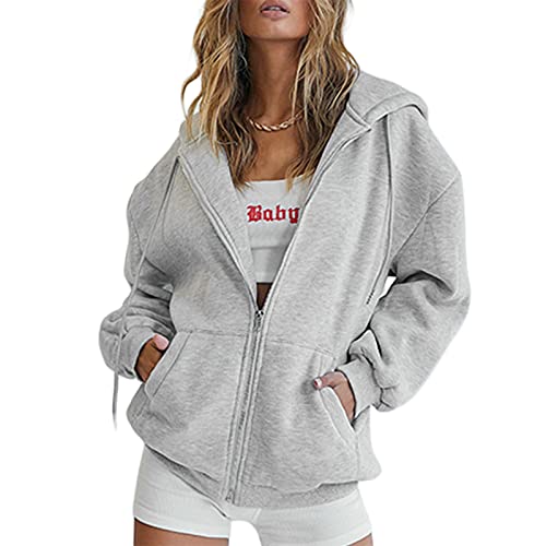 L&ieserram Damen Hoodie Jacke Oversize Vintage Reißverschluss Kapuzenjacke Zip Up Kapuzenpullover Sweatshirt mit Kapuze 90er Y2K E-Girl Übergangsjacke (A Grau, M) von L&ieserram