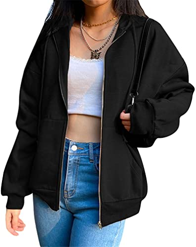 L&ieserram Damen Hoodie Jacke Oversize Vintage Reißverschluss Kapuzenjacke Zip Up Kapuzenpullover Sweatshirt mit Kapuze 90er Y2K E-Girl Übergangsjacke (A Schwarz, L) von L&ieserram