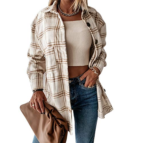 L&ieserram Damen Karierte Jacke Knöpfe Oversized Übergangsjacke Kurz Overshirt mit Karomuster Taschen Langarm Leichte Hemd Jacke E-Girl Style Y2K Boyfreind Herbst Oberteile Top (Dünn-Beige, XL) von L&ieserram