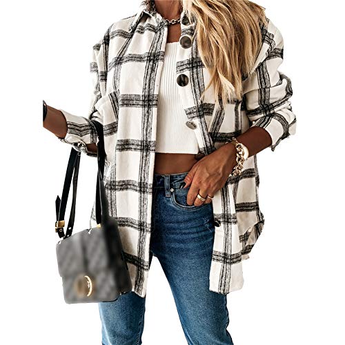 L&ieserram Damen Karierte Jacke Knöpfe Oversized Übergangsjacke Kurz Overshirt mit Karomuster Taschen Langarm Leichte Hemd Jacke E-Girl Style Y2K Boyfreind Herbst Oberteile Top (Dünn-Weiß, L) von L&ieserram