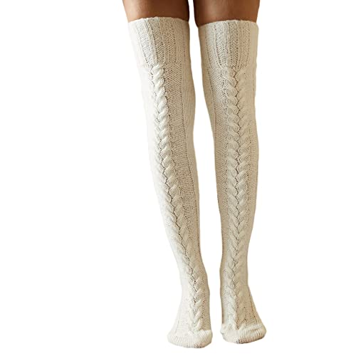 Damen Strick Overknee Strümpfe Lange Kniestrümpfe Winter Warm Oberschenkel Strümpfe Über Knie Socken mit Zopfmuster Weihnachten Kniestrümpfe (A-Beige, Einheitsgröße) von L&ieserram