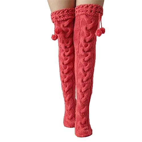 Damen Strick Overknee Strümpfe Lange Kniestrümpfe Winter Warm Oberschenkel Strümpfe Über Knie Socken mit Zopfmuster Weihnachten Kniestrümpfe (C-Rot Bommel, Einheitsgröße) von L&ieserram