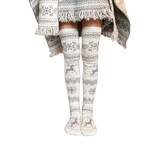 Damen Strick Overknee Strümpfe Lange Kniestrümpfe Winter Warm Oberschenkel Strümpfe Über Knie Socken mit Zopfmuster Weihnachten Kniestrümpfe (E-Grau Rentier, Einheitsgröße) von L&ieserram