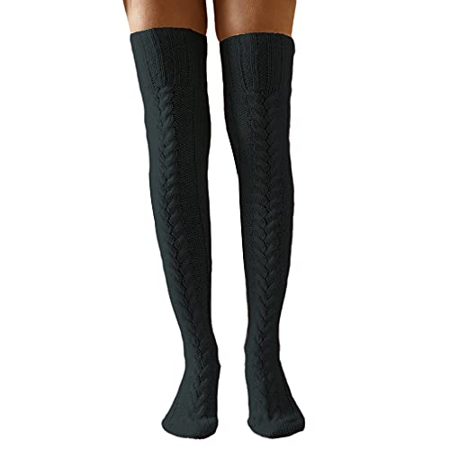 Damen Strick Overknee Strümpfe Lange Kniestrümpfe Winter Warm Oberschenkel Strümpfe Über Knie Socken mit Zopfmuster Weihnachten Kniestrümpfe (A-Schwarz, Einheitsgröße) von L&ieserram