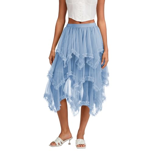 L&ieserram Damen Midi Tüllrock Lang Tüll Petticoat Unterrock High Waist A-Linie Knielang Faschingskostüme Rock für Halloween Fasching Karneval Kostüm Party (Asymmetrisch Rüschen Hellblau, ONE Size) von L&ieserram