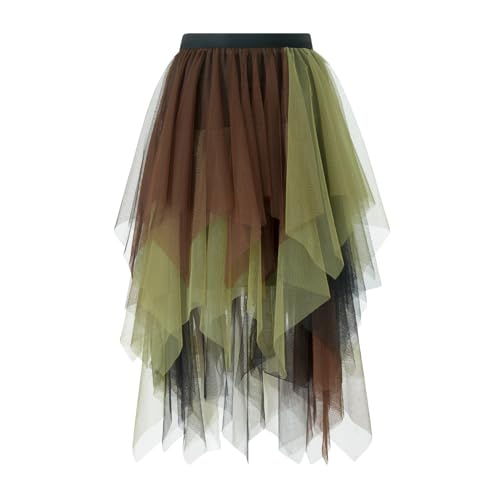 L&ieserram Damen Midi Tüllrock Lang Tüll Petticoat Unterrock High Waist A-Linie Knielang Faschingskostüme Rock für Halloween Fasching Karneval Kostüm Party (Bunt Schwarz Braun Grün, S) von L&ieserram