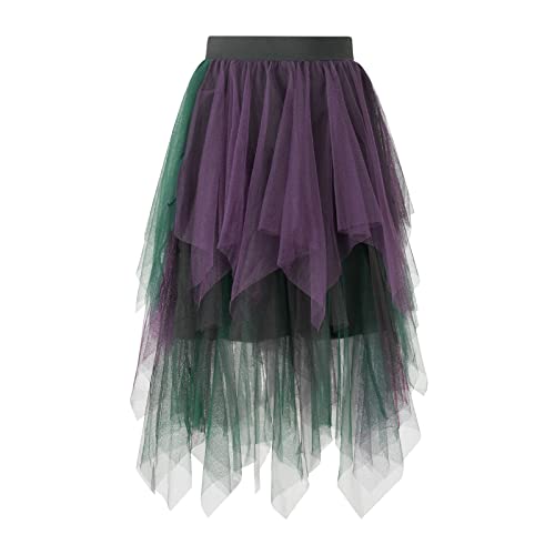 Damen Midi Tüllrock Lang Tüll Petticoat Unterrock High Waist A-Linie Knielang Faschingskostüme Rock für Halloween Fasching Karneval Kostüm Party (Bunt Schwarz Grün Lila, ONE Size) von L&ieserram