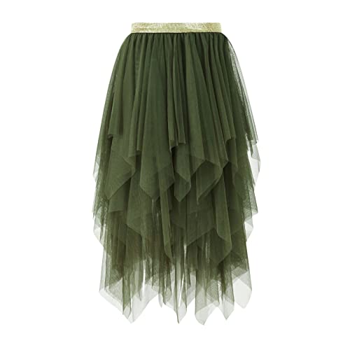 L&ieserram Damen Midi Tüllrock Lang Tüll Petticoat Unterrock High Waist A-Linie Knielang Faschingskostüme Rock für Halloween Fasching Karneval Kostüm Party (Einfarbig Grün, XL) von L&ieserram