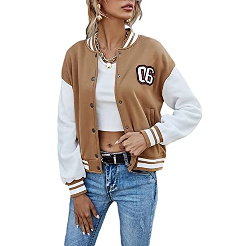 L&ieserram Damen Sweatjacke Vintage Bomberjacke Elegant College Sweat Jacket Oversized Übergangsjacke Baseball Jacke Mädchen Casual Modisch Jacken mit Streifen Knopf (Beige 06, L) von L&ieserram