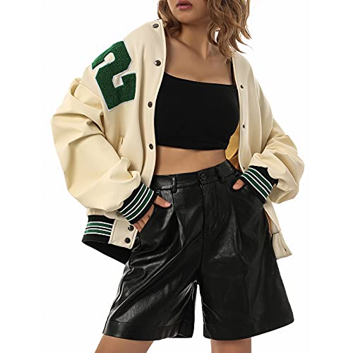 Damen Sweatjacke Vintage Bomberjacke Elegant College Sweat Jacket Oversized Übergangsjacke Baseball Jacke Mädchen Casual Modisch Jacken mit Streifen Knopf (Beige S00, M) von L&ieserram