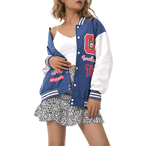 Damen Sweatjacke Vintage Bomberjacke Elegant College Sweat Jacket Oversized Übergangsjacke Baseball Jacke Mädchen Casual Modisch Jacken mit Streifen Knopf (Blau Bär, XXL) von L&ieserram