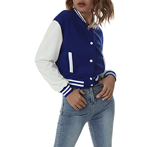 L&ieserram Damen Sweatjacke Vintage Bomberjacke Elegant College Sweat Jacket Oversized Übergangsjacke Baseball Jacke Mädchen Casual Modisch Jacken mit Streifen Knopf (Blau Kurz, M) von L&ieserram