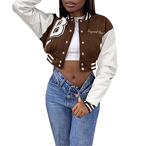 L&ieserram Damen Sweatjacke Vintage Bomberjacke Elegant College Sweat Jacket Oversized Übergangsjacke Baseball Jacke Mädchen Casual Modisch Jacken mit Streifen Knopf (Braun B Kurz, M) von L&ieserram