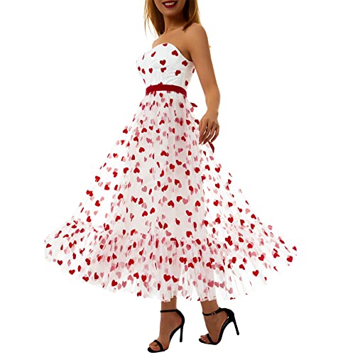 L&ieserram Damen Valentinstage Kleid Sommer Sexy Deluxe Tüll Kleid Ärmellos Rückenfreies Schulterfreies Herzchen Print Freizeit Maxikleid Kleid (Weiß, Medium) von L&ieserram