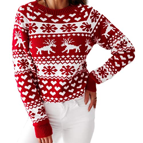 L&ieserram Damen Weihnachtspullover Stricken Pullover Weihnachtspulli Weihnachtsmotiv Causul Karo Elch Schneeflocken Druck Gestrickt Oberteile Pulli Sweatshirt Pullover (Rot Rentier, XXL) von L&ieserram