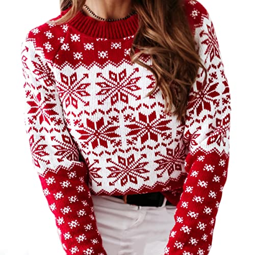 L&ieserram Damen Weihnachtspullover Stricken Pullover Weihnachtspulli Weihnachtsmotiv Causul Karo Elch Schneeflocken Druck Gestrickt Oberteile Pulli Sweatshirt Pullover (Rot Schnee, L) von L&ieserram