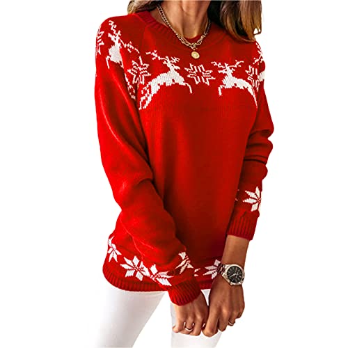 L&ieserram Damen Weihnachtspullover Stricken Pullover Weihnachtspulli Weihnachtsmotiv Causul Karo Elch Schneeflocken Druck Gestrickt Oberteile Pulli Sweatshirt Pullover (Rot Weiß, L) von L&ieserram