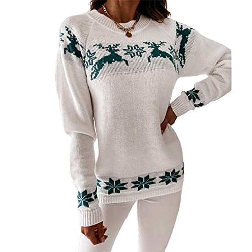 L&ieserram Damen Weihnachtspullover Stricken Pullover Weihnachtspulli Weihnachtsmotiv Causul Karo Elch Schneeflocken Druck Gestrickt Oberteile Pulli Sweatshirt Pullover (Weiß Grün, L) von L&ieserram