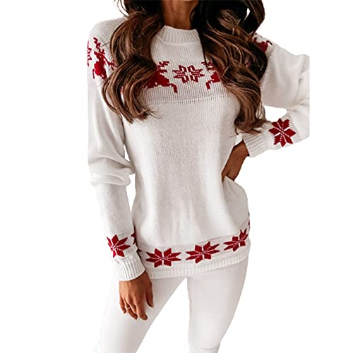 L&ieserram Damen Weihnachtspullover Stricken Pullover Weihnachtspulli Weihnachtsmotiv Causul Karo Elch Schneeflocken Druck Gestrickt Oberteile Pulli Sweatshirt Pullover (Weiß Rot, XL) von L&ieserram