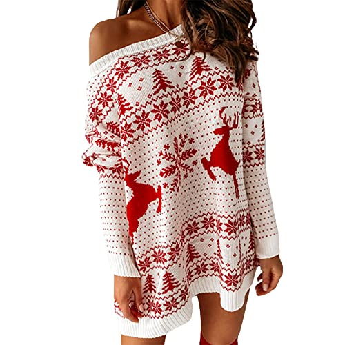 L&ieserram Damen Weihnachtspullover Weihnachtspulli Pulloverkleid Weihnachtsmotiv Causul Jacquard Strickkleid Oberteile Pulli Sweatshirt Strick Pullover Sweatshirt (Weiß, Large) von L&ieserram