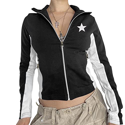 L&ieserram Damen Zip Up Kurze Jacke Vintage College Baseball Jacke Crop Sweatjacke Übergangsjacke Sweatshirt ohne Kapuze Y2K Aesthetic Clothes Frühling Herbst (C - Schwarz & Weiß, L) von L&ieserram