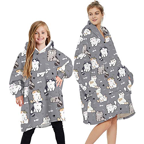 L&ieserram Übergroße Decke Hoodie Flauschige Fleece Hoodie Decke für Damen Herren Kinder tragbare Kapuzendecke mit großer Tasche, Katzen - Grau, 7-12 Jahre von L&ieserram