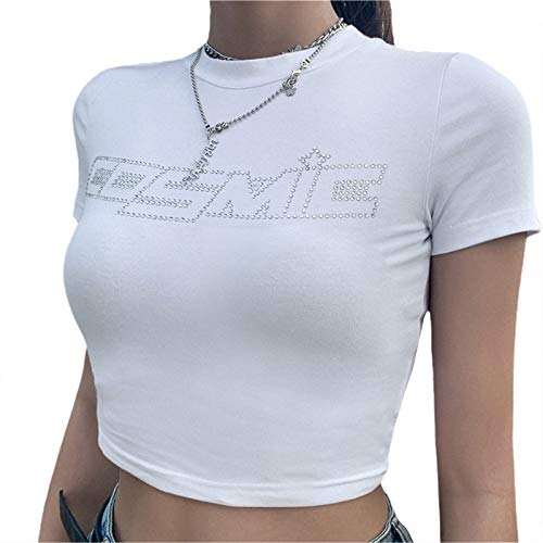 L&ieserram Y2K Fashion Style Crop Top Damen Sommer Oberteile Kurzarm Bauchfrei T Shirts Teenager Mädchen Vintage Look Sexy Party Clubwear E-Girl Streetwear (G Weiß, S) von L&ieserram