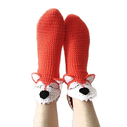 Lustige Socken Gestrickte Socken Drachen Krokodil Tier Socken dick Gestrickt Warme Bodensocken Skurrile Alligator Strickmanschette Winter warme Socken Kuschelsocken (Fuchs, Erwachsene) von L&ieserram