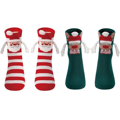 Lustige Weihnachtssocken Magnetische Socken Weihnachtsgeschenke Magnetsocken für Damen Herren Funny Magnetic Socks mit Magnetarmen Paar Freundin Freund Partner Weihnachten Geschenke (Rot + Grün) von L&ieserram