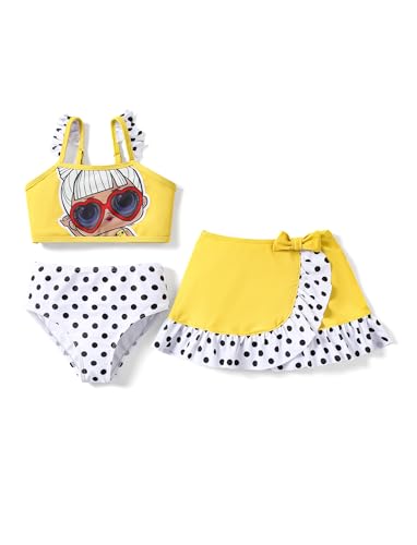 L.O.L. Surprise! Mädchen Bademode-Sets, 3-teiliger Mädchen Badeanzug und Bikini Set Schleife Rüschen Verstellbarer Badeanzug mit vertuschem Strandrock Tankini Outfits Gelb 3 Jahre von L.O.L. Surprise!