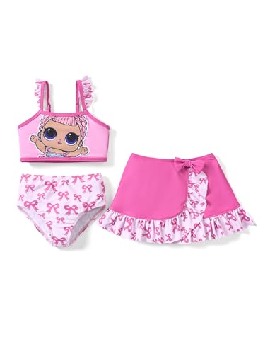 L.O.L. Surprise! Mädchen Bademode-Sets, 3-teiliger Mädchen Badeanzug und Bikini Set Schleife Rüschen Verstellbarer Badeanzug mit vertuschem Strandrock Tankini Outfits Rosa 8-9 Jahre von L.O.L. Surprise!