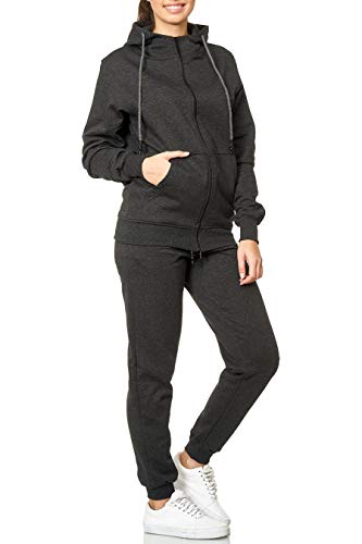 L.gonline Damen Jogginganzug Uni 586 | Baumwolle | Trainingsjacke mit Reißverschluss | Hose mit Gummizug und Zugband | Rippstrickbündchen | Anthrazit, S von L.gonline