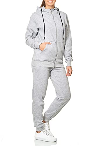 L.gonline Damen Jogginganzug Uni 586 | Baumwolle | Trainingsjacke mit Reißverschluss | Hose mit Gummizug und Zugband | Rippstrickbündchen | Grau, M von L.gonline